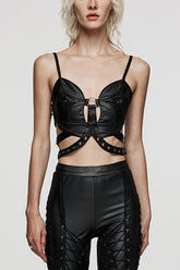 Black Faux Leather Hollow Metal Ring Lace Women's Gothic Corset